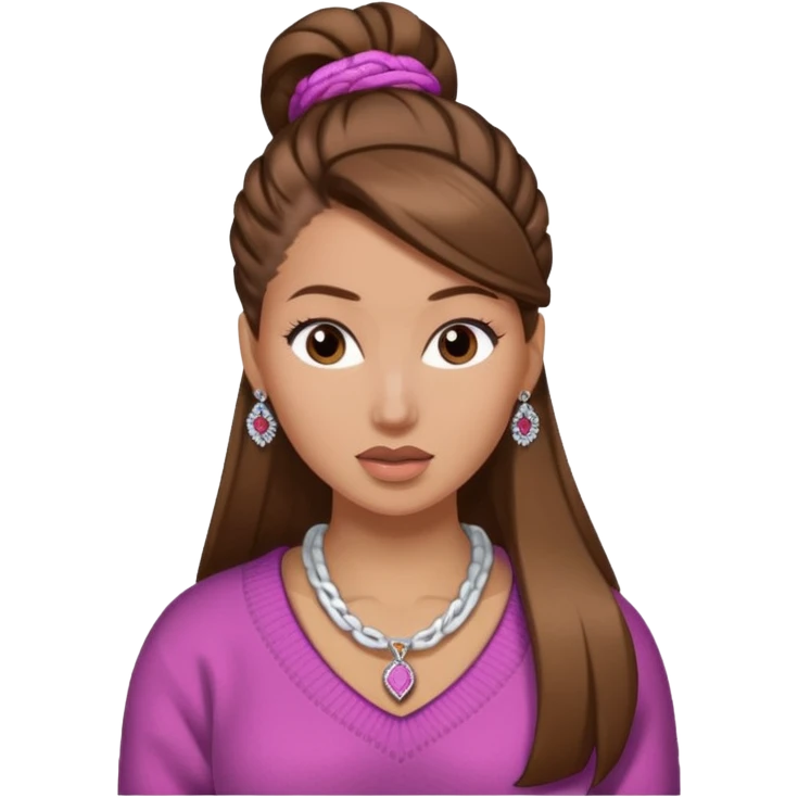 Chica blanca, pelo castaño recogido, jersey de invierno y Nicki emoji