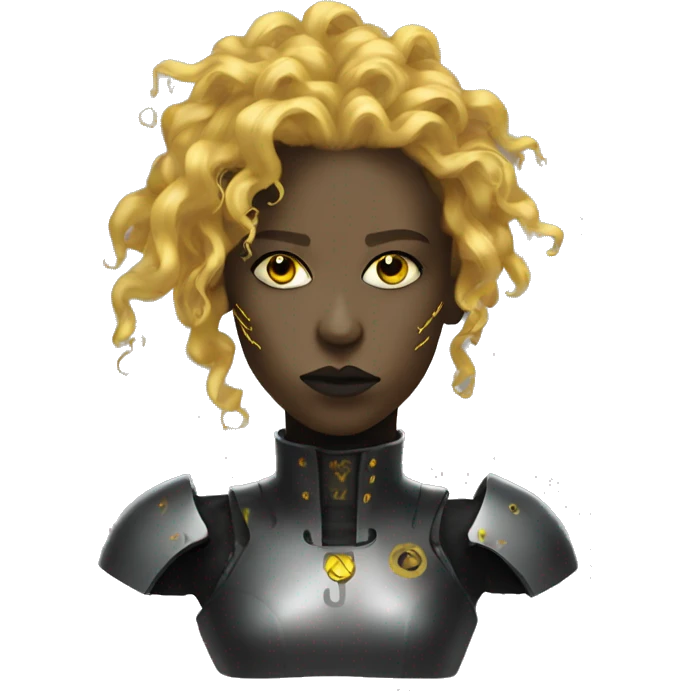 black metal female cyborg head with yellow gold curly hair emoji