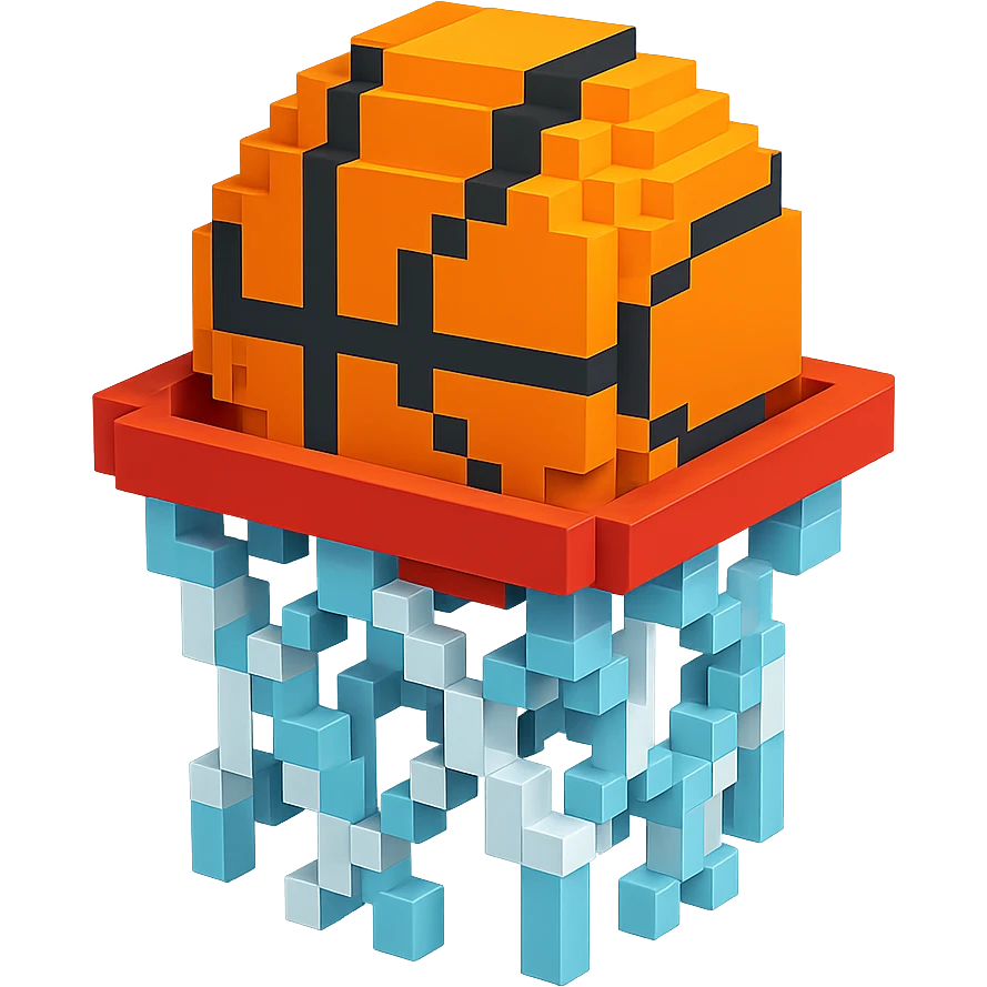 Voxel-style basketball in a net, no background, variation 4. emoji