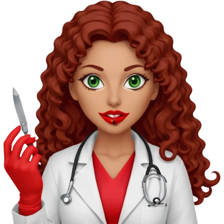 Lilith symbol sexy evil woman. She has green eyes.  had brown long curly hair.  evil surgeon kills with scalpel wears red sexy doctor coat with red mouth cover red gloves. Covers nose, neck  and mouth with Muslim red berka emoji