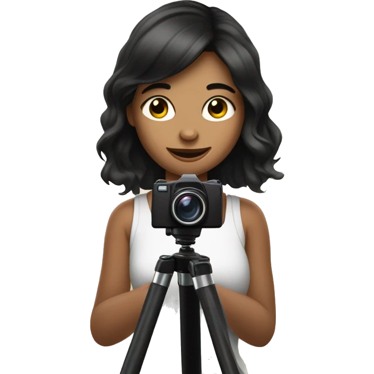 cute girl with dark hair takes a photo with her phone from a tripod emoji