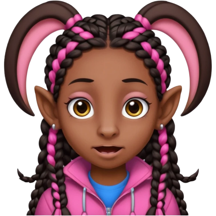 arikan, dark long hair whit pink and black braids. brown skin, smal face and a super big nose and super big ears. big eyes. big mouth emoji