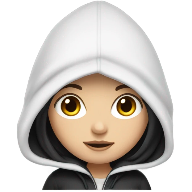 White Girl with black hair wearing hoodie with hood down emoji
