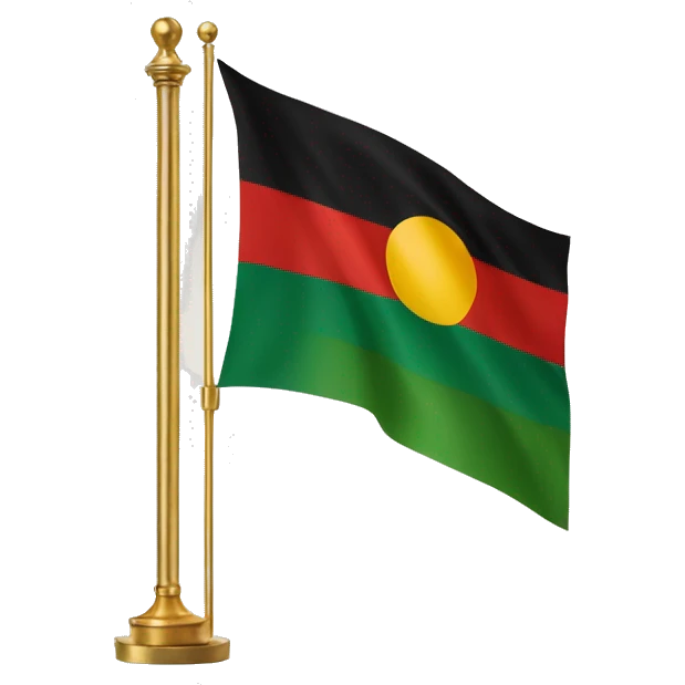 Flag with a horizontal tricolour of red, black, and green, charged with a golden rising sun over a golden bar emoji
