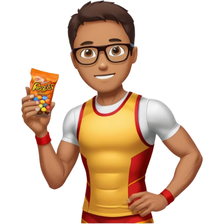 Ironman athletic built wearing a singlet, tan, sutro glasses, half tights, gels for running and loves recess pieces and watching tv but also a social worker emoji