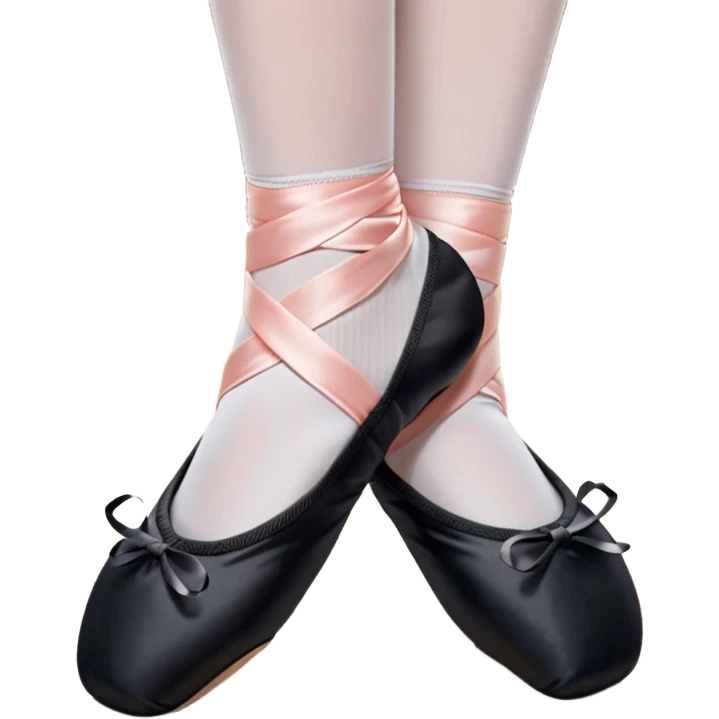 cinematic-realistic-ballet-shoes,-soft-satin-black-pointe-shoes-with-delicate-ribbons,-resting-gently-on-a-polished-wooden-floor,-subtle-creases-in-the-fabric,-glowing-under-the-warm-golden-light-of-a-rehearsal-studio,-evoking-ele emoji