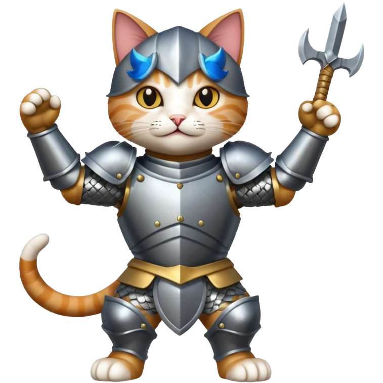 a cat wearing armor, defeating death triumphantly emoji