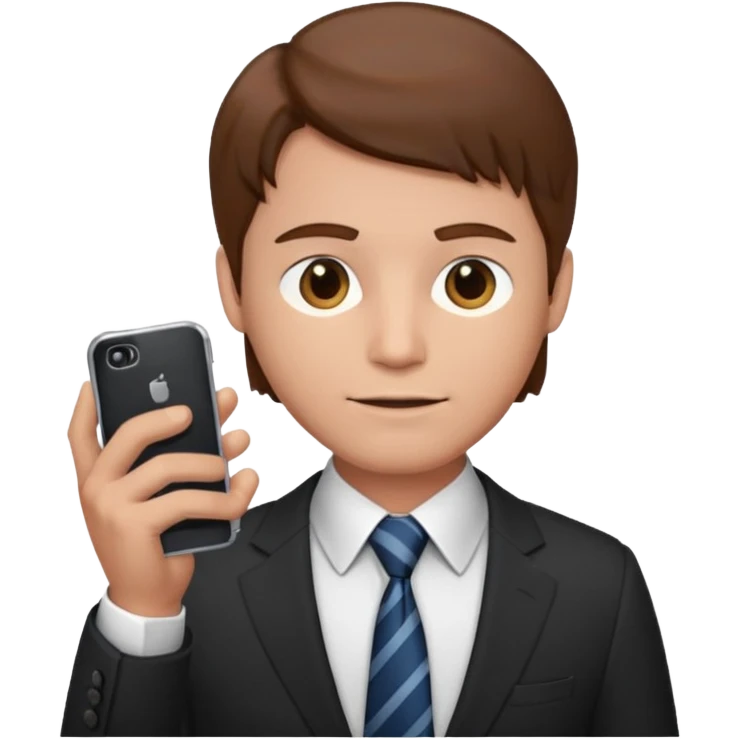 Un hombre de traje con tez clara pelo color castaño, vestido con traje camisa y corbata y celular en mano .  emoji
