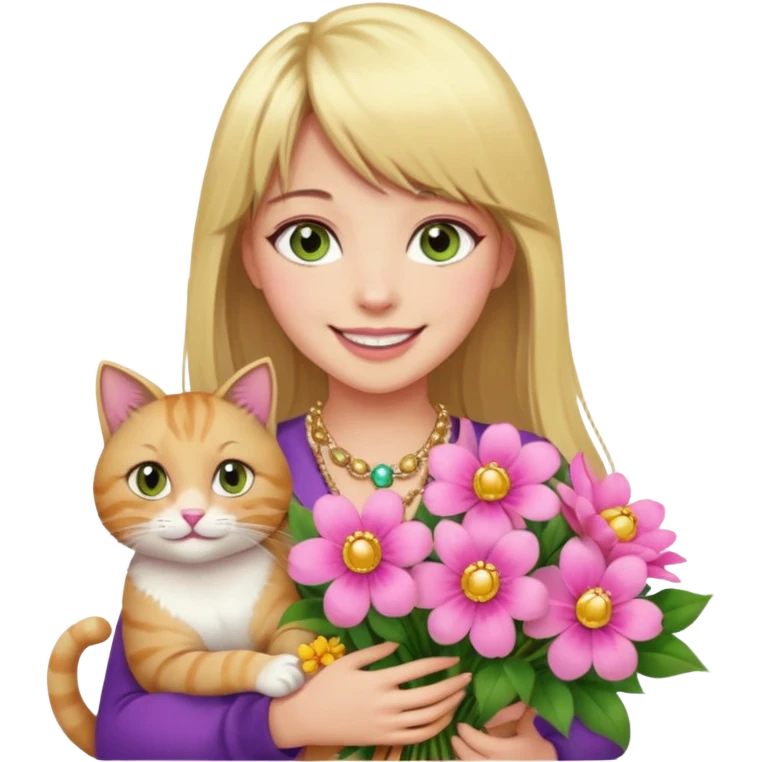 Long blonde haired with bangs, and big boobs smiling woman with hazel geen eyes, wearing pink and gold gemstone chains,  holding a big bouquet of beautiful bright flowers and cat emoji