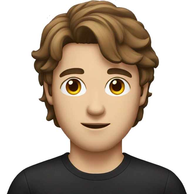 Man with brown hair and eyes in a black T-shirt with hair back emoji