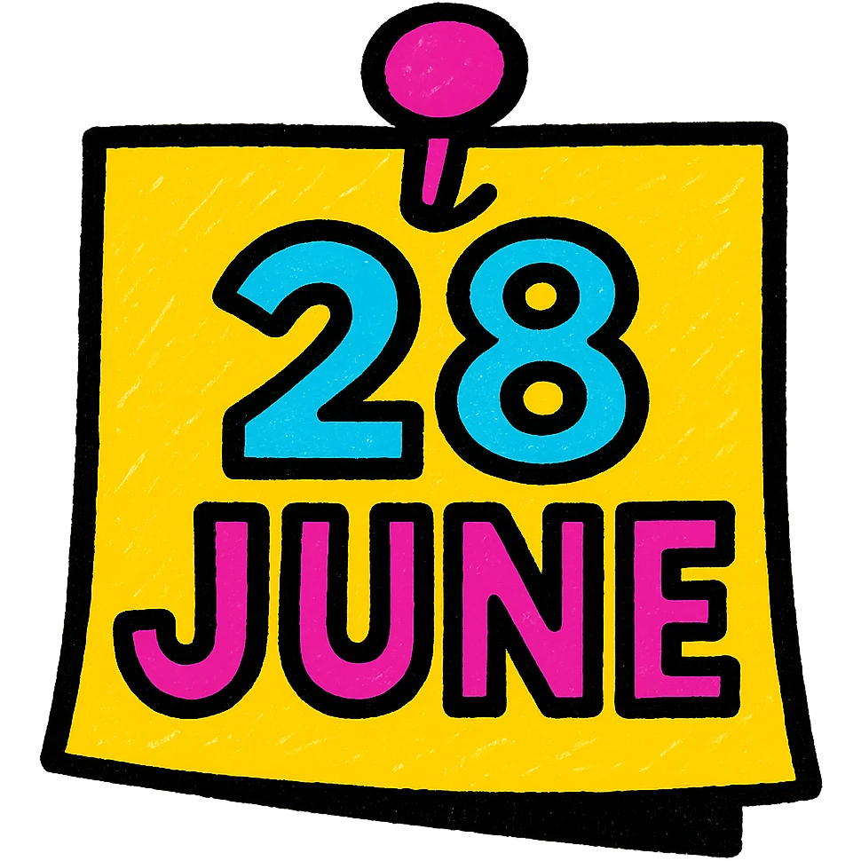 a playful, colorful note with a pin and '28 June' in bold text, pop colors style emoji