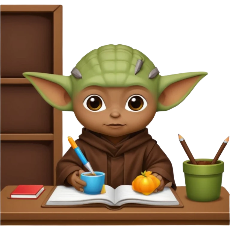 Baby Yoda con su tunica chocolate leyendo en un cuaderno sobre un escritorio en un aula de clases emoji