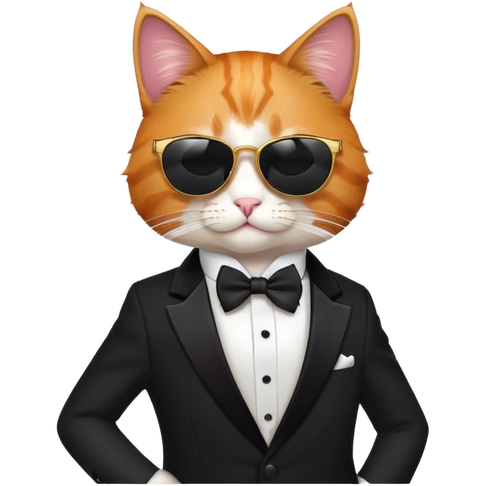 cat wearing cool sunglasses proudly showing off his new tuxedo, stylish, confident pose emoji