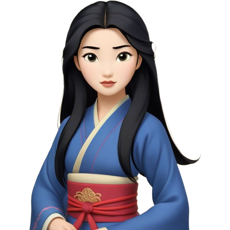 Cinematic Realistic Mulan Portrait, depicted with lifelike skin texture, soft natural lighting, and intricately detailed long black hair styled elegantly. Her deep, expressive eyes exude determination and grace, complemented by a serene yet confident expression. She is dressed in her classic attire, with rich fabric textures and delicate folds that catch the light beautifully. The portrait features a soft, enchanting glow with a natural, radiant finish, capturing the essence of timeless strength and beauty in a realistic and painterly style, evoking a sense of depth and authenticity. emoji