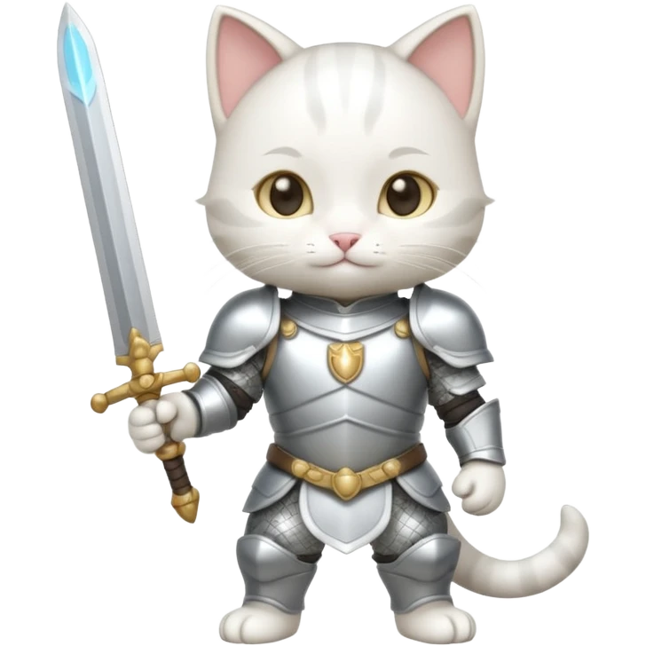 baby chibi white cat in silver armor, full body, smile, hold a sword emoji