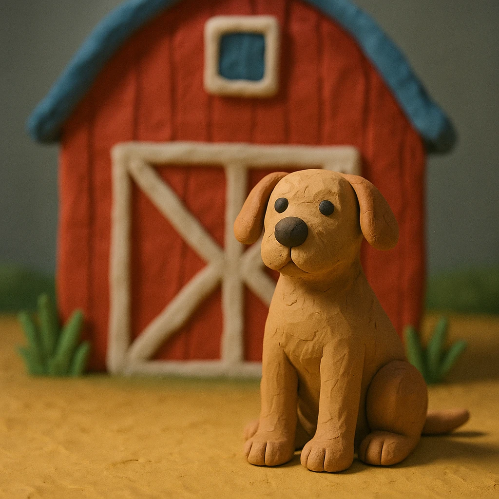 barn dog sitting in front of a red barn, visible fingerprints, matte plasticine look, claymation style emoji
