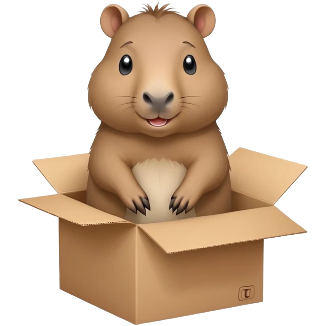  A very cute gery young happy Kapibala with one's head tilted to one side poked its paws out of the cardboard big box and placed them on top of it emoji