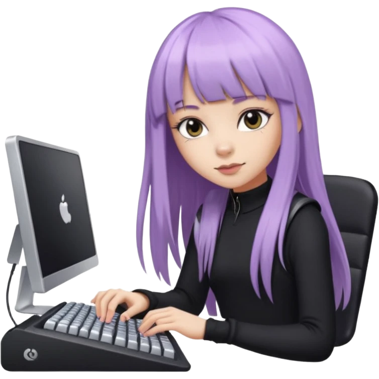 lilac girl with long hair and bangs worker and acessories with a pc worten the clothes black like an alternative emoji