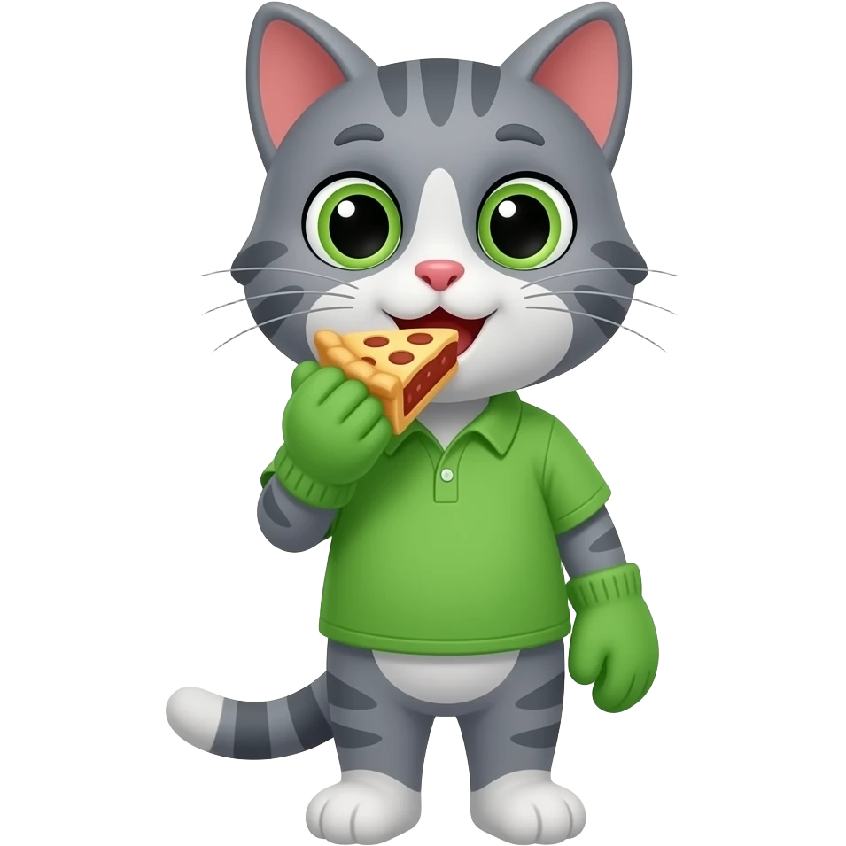Cartoon brother gray cat wearing a green shirt standing put on the green mitten eating a piece of pie emoji