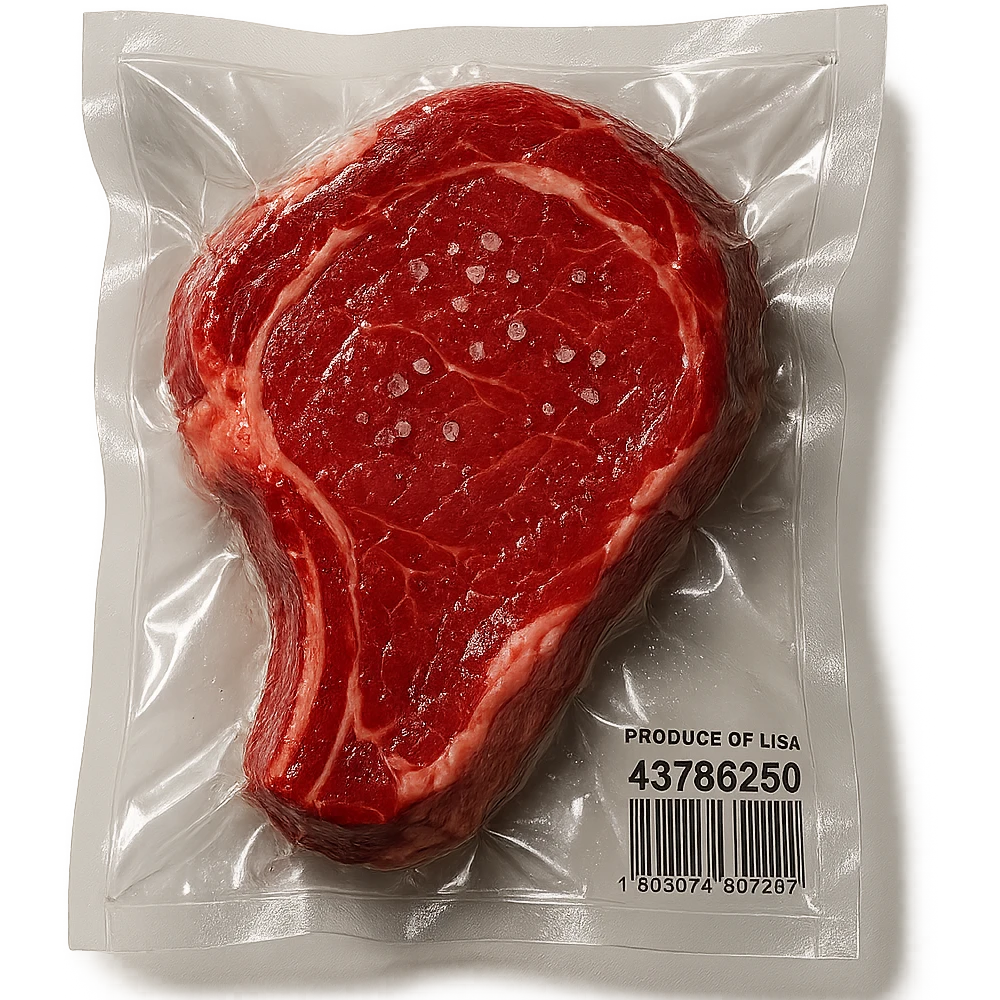 steak with small crystals on top, glossy and puffy, vacuum-sealed style emoji