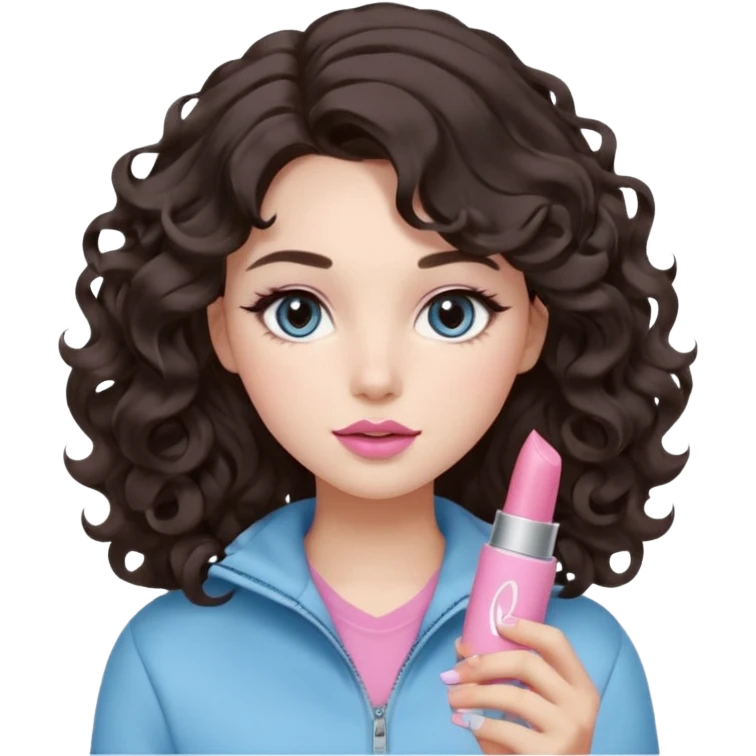 A girl with soft loose wavy curls (not tight), dark brown hair with natural volume, round-almond Douyin-style eyes with long curled lashes, cool-tone neutral makeup. She’s wearing a light-blue athletic outfit and holding a normal-size pink lipstick in one hand.. emoji
