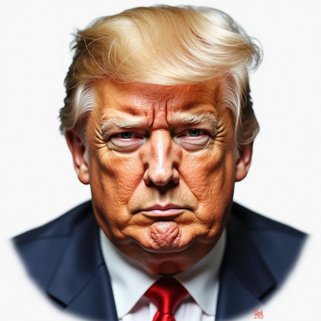 Donald Trump, as realistic as possible, high-resolution, lifelike skin and facial details, signature hairstyle, very cunning and foxy expression, plain background, almost no emoji influence emoji