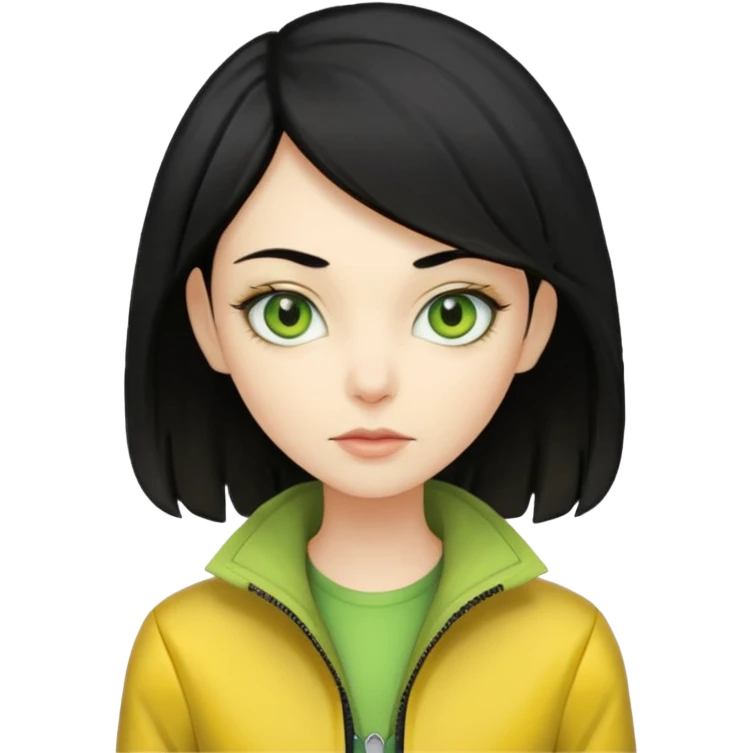 Lady Alien with yellow jacket, Half body, black hair. emoji