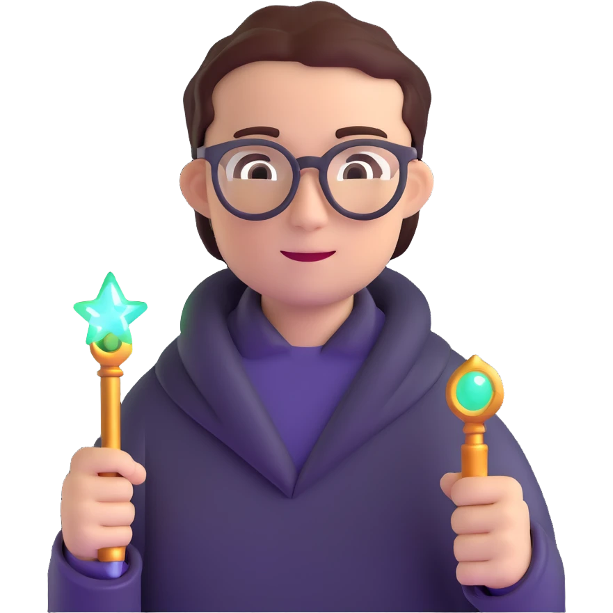 developer with glasses holding a glowing magic wand emoji