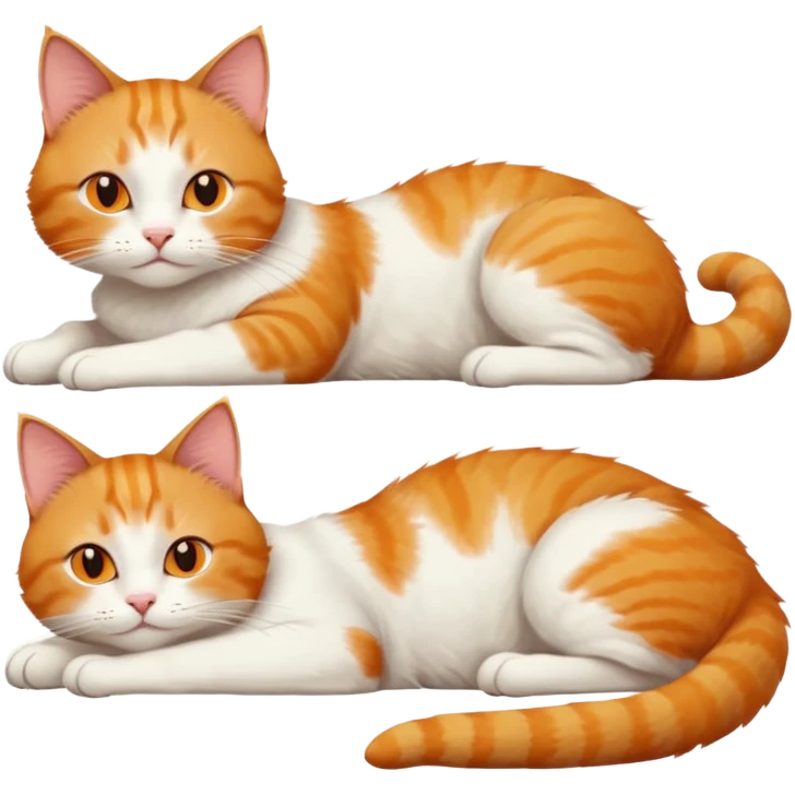 ginger and white cat with orange eyes doing a big extremely long stretch reaching up into the air with arms and legs side by side together straight and overextended whilst lying on its side emoji