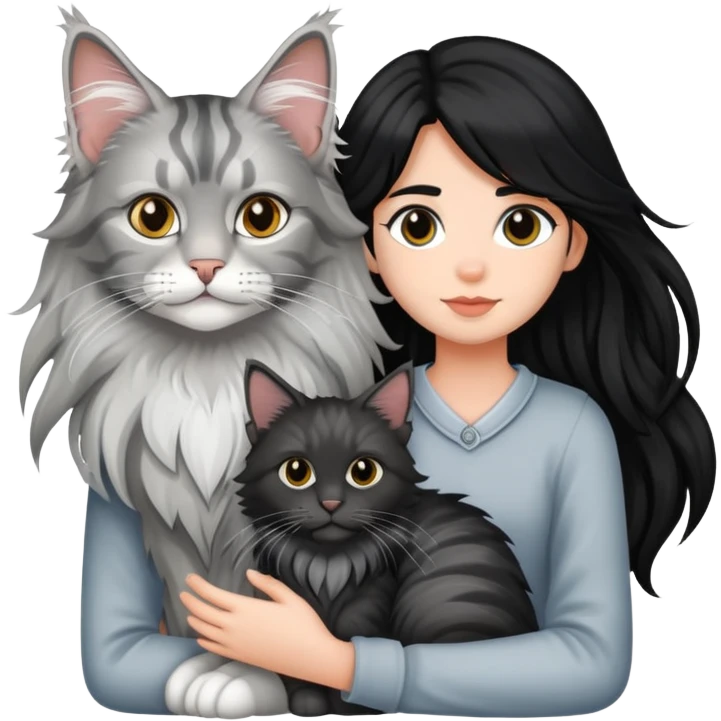 a silver based Maine Coon cat holding a black hair girl emoji