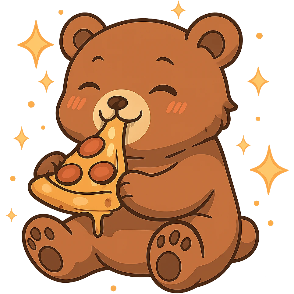 Add magical sparkles around the chibi bear eating pizza. Keep the image with no background. emoji