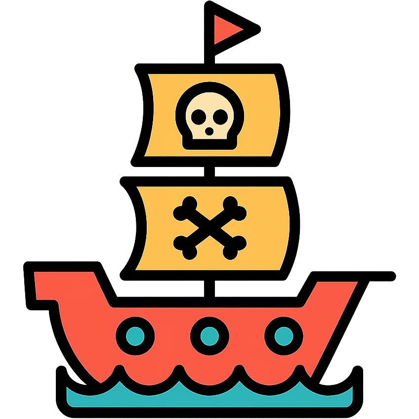 pirate ship, color outline icon, playful colors, black outlines, modern icon style emoji