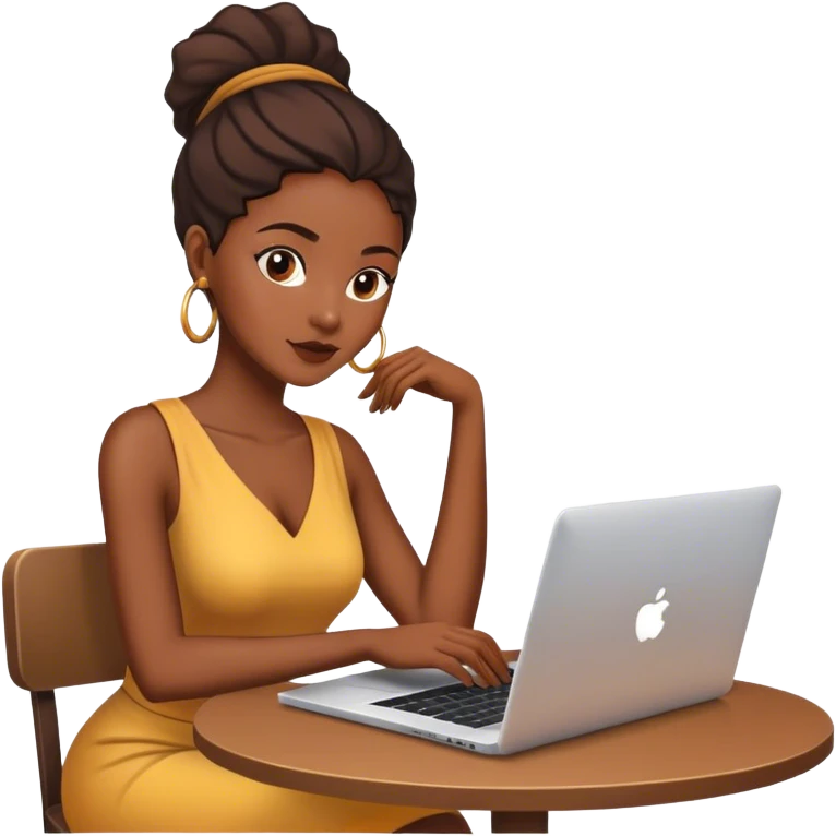 Une femme africaine belle asise à table avec un ordinateur portable emoji