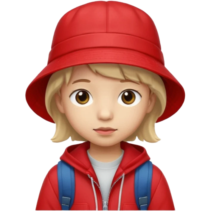 Little student wears red bucket hat and jacket, backpack, shy emoji