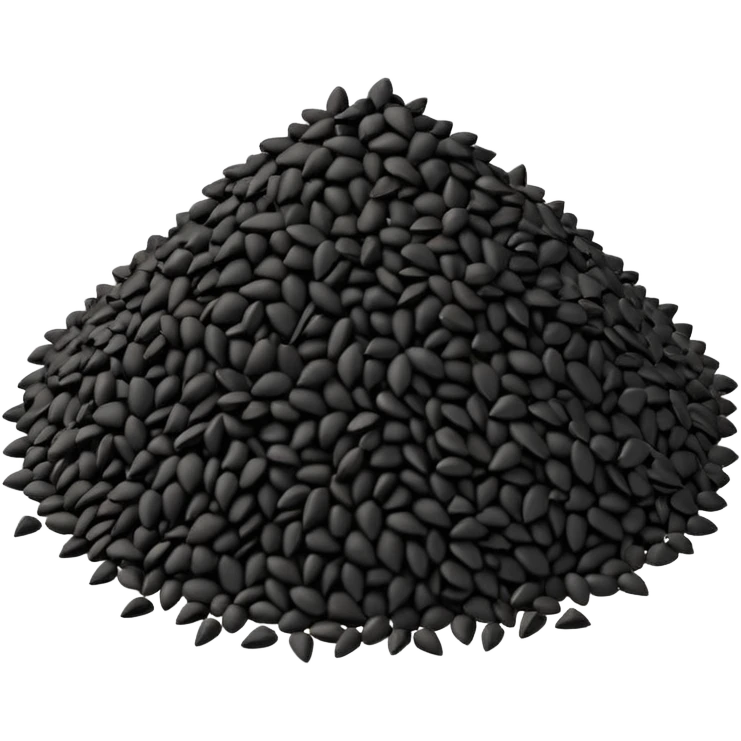small scattered heap of tiny matte black seeds with irregular triangular shapes and slightly rough texture, loose organic pile with a few seeds dispersed around the base, no bowl or extras, apple emoji style, soft lighting, subtle shadows, transparent background, emoji scale emoji