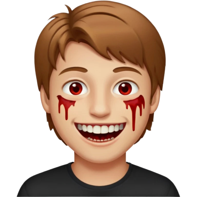 pjv,b парень с русыми волосами средней длины; белая кожа; белые глаза; открытая улыбка, окровавленные зубы; emoji