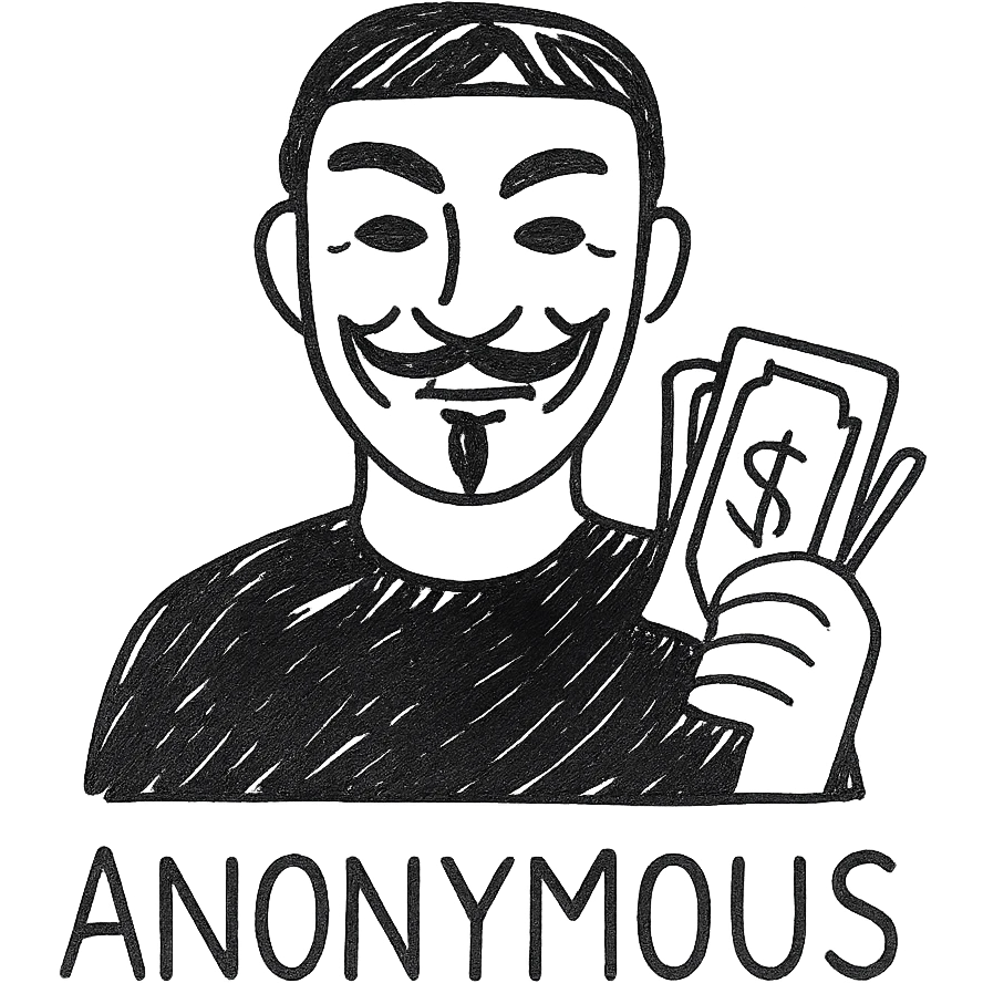 A man in black clothes with an Anonymous mask, holding money, ember text emoji
