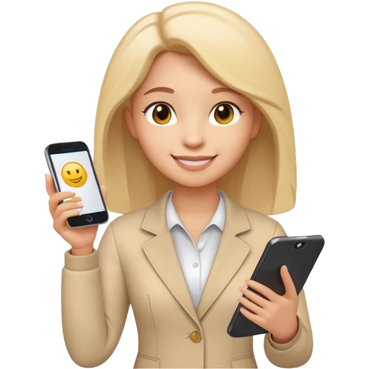 3D emoji style sticker, confident young woman, white background, smiling, standing upright, holding a smartphone and a document, relaxed and proud expression, student success vibe, soft lighting, minimalistic, clean astrology emoji style emoji