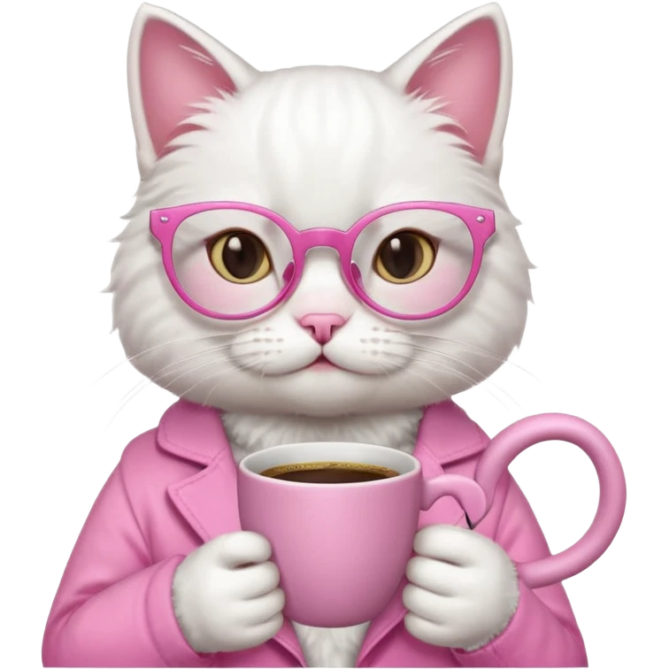 White cat, pink clothes and pink glasses, holding coffee mug emoji