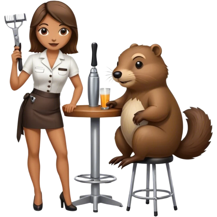 Woman standing beside bar stool with beaver sitting on bar stool holding a pair of hair clippers emoji