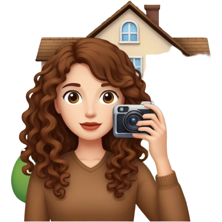 Woman with long curly hair taking a photo of a house emoji