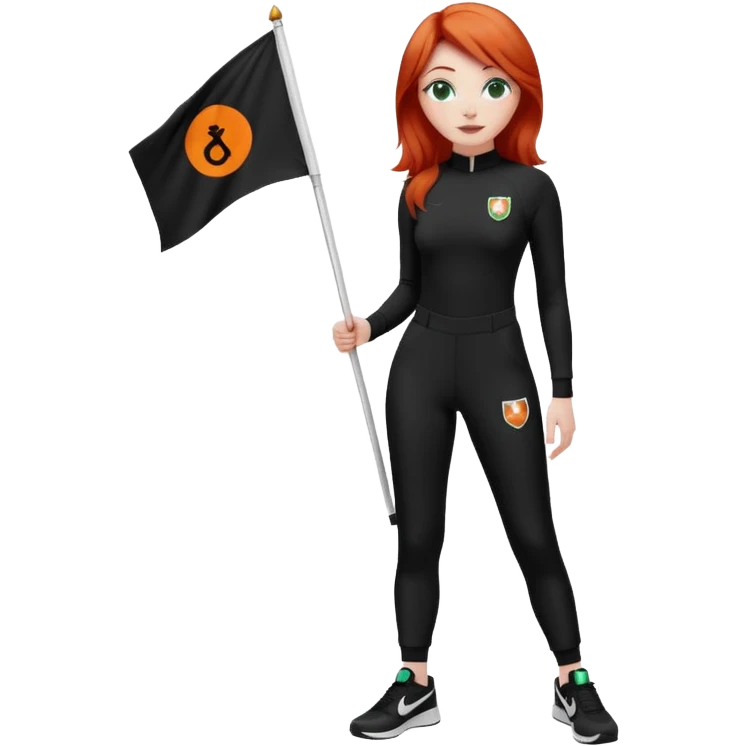 white girl wearing orange cameo trousers and along sleeve high neck black bodysuit with black and white Nike trainers. she has red hair and bluey green eyes and is holding flag with her logo on  emoji