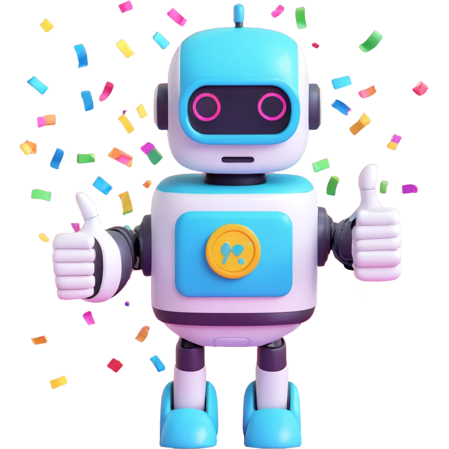 cute robot hand giving a thumbs up with a small AI badge and colorful confetti, signaling AI assistance in a lighthearted style emoji