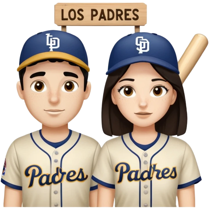 Couple in a game with brunette hair but white skin. They are girlfriend and boyfriend. Not sibling. Girl has medium cheeks and freckles on the nose. The boy has black hair and prominent eyebrows with egipcian nose. Both are wearing “Los Padres” baseball jerseys and with a sign that says “Go Padres” emoji
