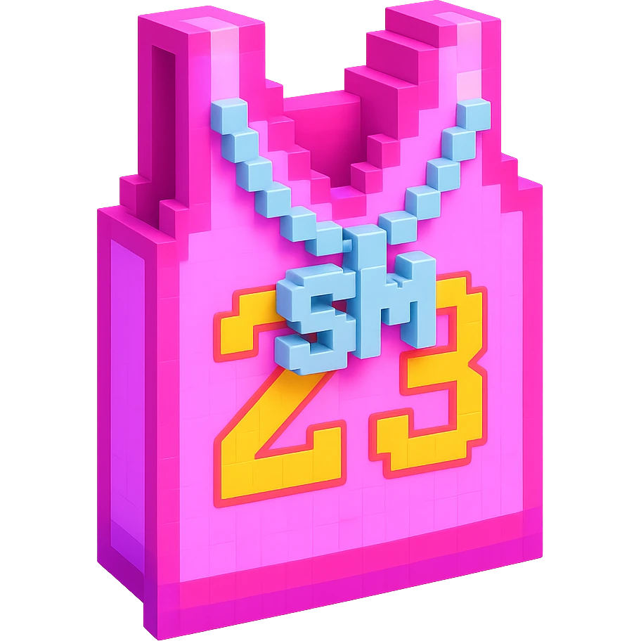 светящейся розовая баскетбольная майка с надписью "23" и серебряная цепь с надписью "SM", no background emoji