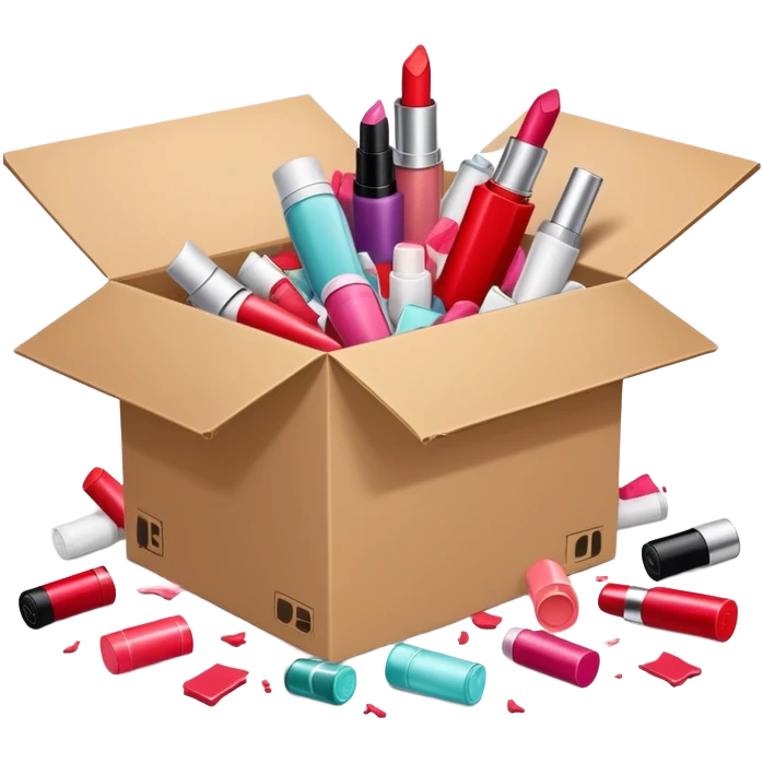 cardboard box bursting open with lipsticks, shampoo, and nail polish scattered everywhere, symbolizing disorganization emoji
