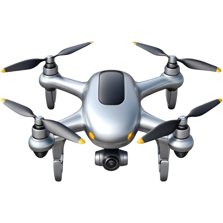 A futuristic drone emoji made of polished silver chrome, smooth rounded body, minimal propellers, reflective metallic surface, soft studio lighting, iOS emoji style, centered, clean white background emoji