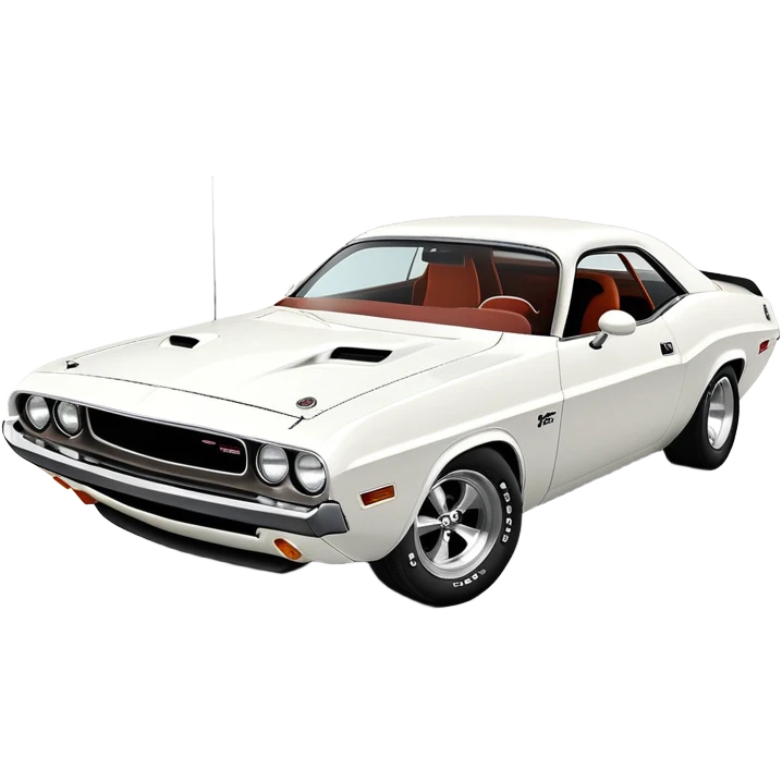 Structurally accurate white 1971 Dodge Challenger from Death Proof, perfect three-quarter perspective at 30 degrees, consistent proportions, detailed front end and side profile, all white, iOS emoji style emoji