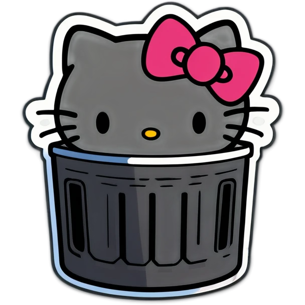 A trash bin that says GOODBYEEEE with hello Kitty in it emoji