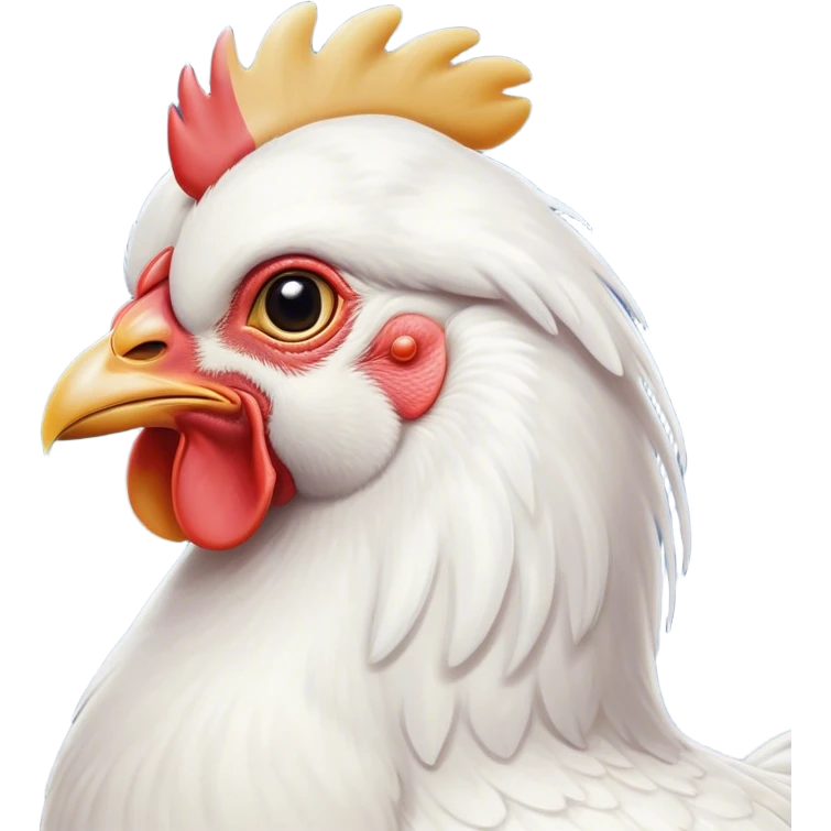 Cinematic Noble White Chicken Portrait Emoji, Poised and regal, with a compact, sturdy build and a pristine, well-groomed pure white plumage, deep-set soulful beady eyes, Simplified yet sharp and sophisticated features, highly detailed, glowing with a soft, dignified glow, high shine, intelligent and alert, stylized with an air of barnyard elegance, focused and attentive, soft glowing outline, capturing the essence of a watchful and confident fowl, so majestic it feels as though it could strut out of the screen with effortless authority! emoji